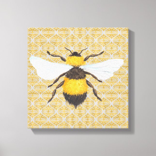 Watercolor Bee on Damask Canvas Print (Front)