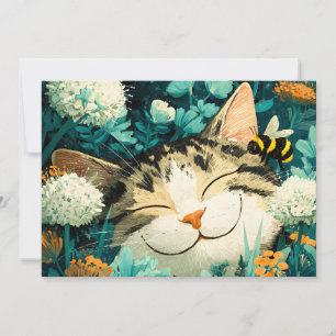 Watercolor Bee Sleeping Cat Flower Garden Announcement