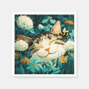 Watercolor Bee Sleeping Cat Flower Garden Napkin