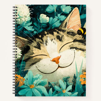 Watercolor Bee Sleeping Cat Flower Garden Notebook