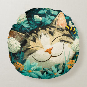 Watercolor Bee Sleeping Cat Flower Garden Round Pillow