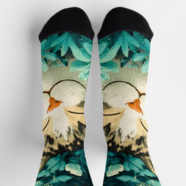 Watercolor Bee Sleeping Cat Flower Garden Socks (Top)