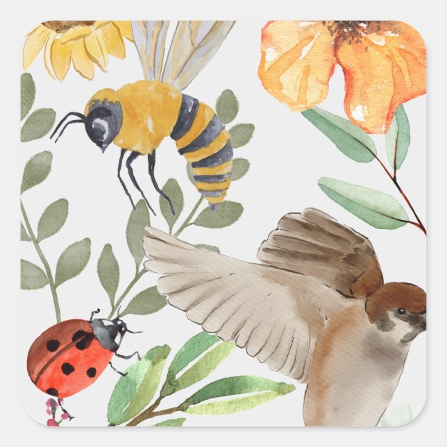 Watercolor Bee, Sparrow & Wildflower Flat Paper Square Sticker (Front)