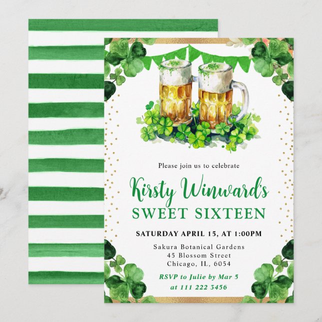 Watercolor Beer Pints St Patrick's Sweet 16 Invitation (Front/Back)