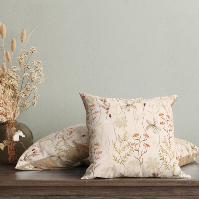 Watercolor Beige Wildflowers  Throw Pillow (Creator Uploaded)