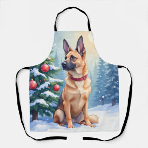 Watercolor Belgian Malinois Evergreen Christmas Apron