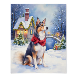 Watercolor Belgian Sheepdog Winter Christmas Poster