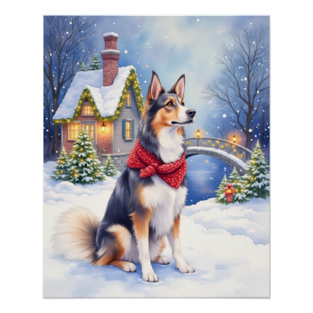 Watercolor Belgian Sheepdog Winter Christmas Poster (Front)