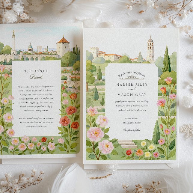 Watercolor Belgrade Serbia Floral Garden Wedding Invitation (Creator Uploaded)