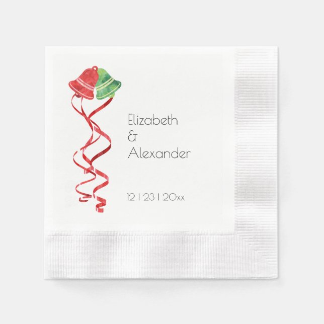 Watercolor Bell Christmas Wedding Cocktail Napkins (Front)