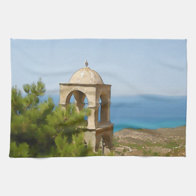 Watercolor bell tower kitchen towel (Horizontal)