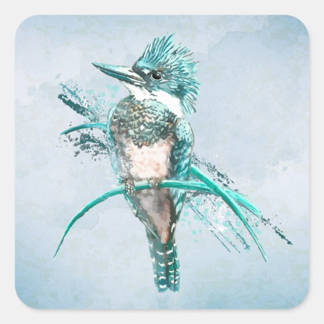 Watercolor  Belted Kingfisher Bird  Animal Square  Sticker (Front)