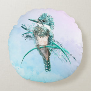 Watercolor Belted Kingfisher Bird Wildlife Art Round Pillow
