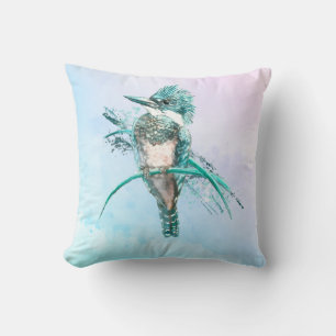 Watercolor Belted Kingfisher Bird Wildlife Art Throw Pillow