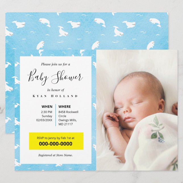 Watercolor Beluga Whale Personalized Photo Invitation (Front/Back)