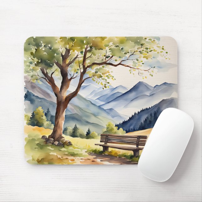 Watercolor Bench and Mountain Scene Mouse Pad (With Mouse)