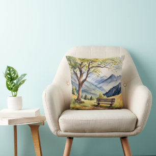 Watercolor Bench and Mountain Scene Throw Pillow