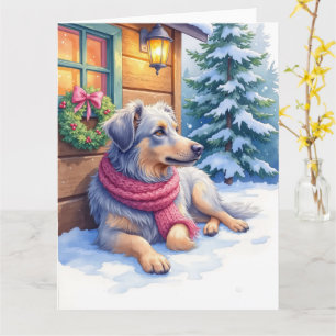 Watercolor Bergamasco Shepherd Cabin Christmas Card