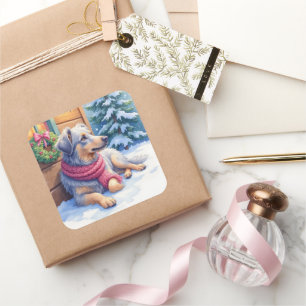 Watercolor Bergamasco Shepherd Cabin Christmas Square Sticker