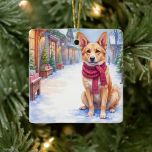 Watercolor Berger Picard Village Square Christmas Ceramic Ornament