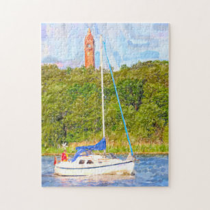 Watercolor Berlin. Grunewald tower and boat Havel Jigsaw Puzzle