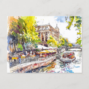 Watercolor Berlin Mitte Spree River Cafe Postcard