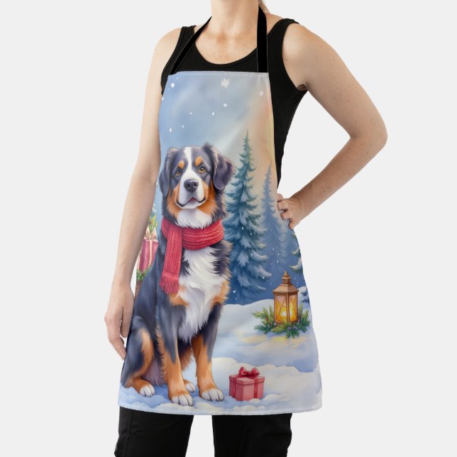 Watercolor Bernese Mountain Dog Sleigh Christmas Apron (Insitu)