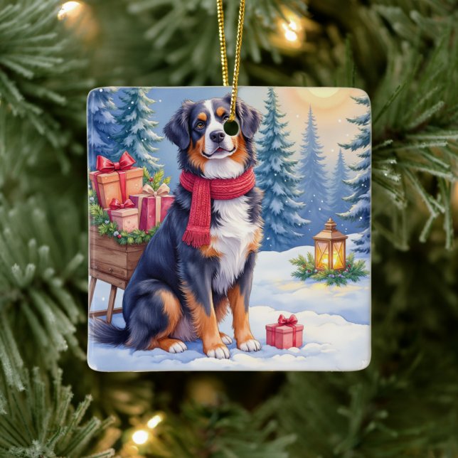 Watercolor Bernese Mountain Dog Sleigh Christmas Ceramic Ornament (Tree)