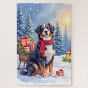 Watercolor Bernese Mountain Dog Sleigh Christmas Jigsaw Puzzle