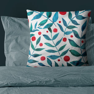 Watercolor berries and branches - teal and red throw pillow