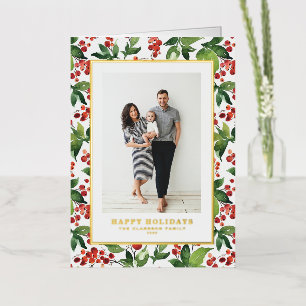 Watercolor Berries and Greenery Photo Foil Holiday Card