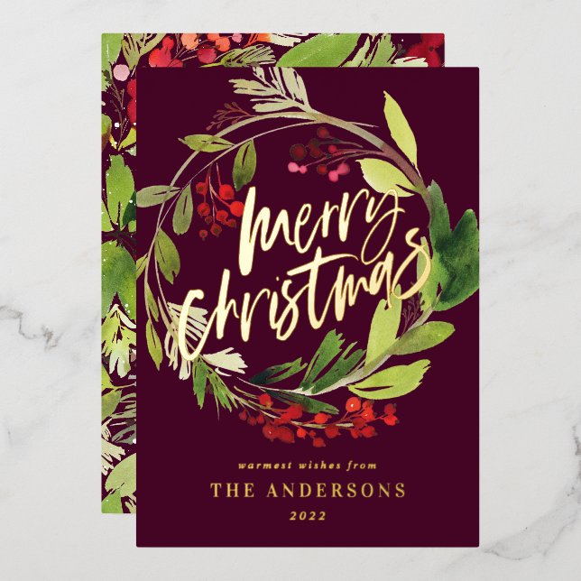 Watercolor Berries and Greenery Wreath Christmas Foil Holiday Card (Front/Back)