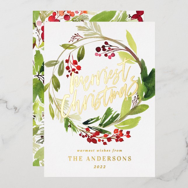 Watercolor Berries and Greenery Wreath Holiday (Front/Back)