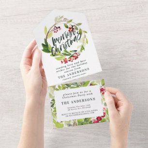Watercolor Berries and Greenery Wreath Holiday All In One Invitation