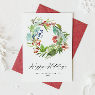 Watercolor Berries and Greenery Wreath  Holiday Card