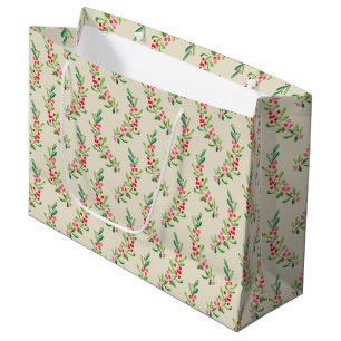 Watercolor Berries and Leaves Holiday Christmas Large Gift Bag