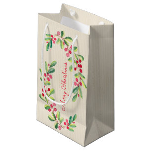 Watercolor Berries and Leaves Holiday Christmas Small Gift Bag