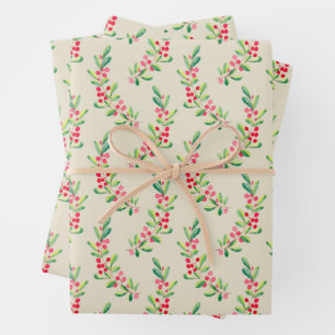 Watercolor Berries and Leaves Holiday Christmas Wrapping Paper Sheet