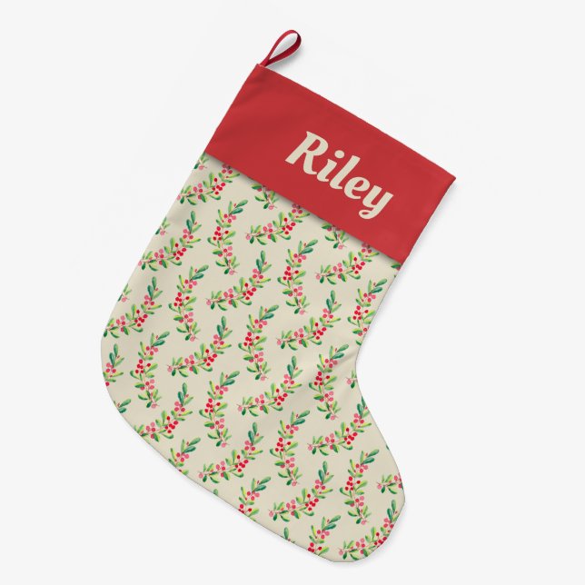 Watercolor Berries and Leaves Holiday Large Christmas Stocking (Front (Hanging))