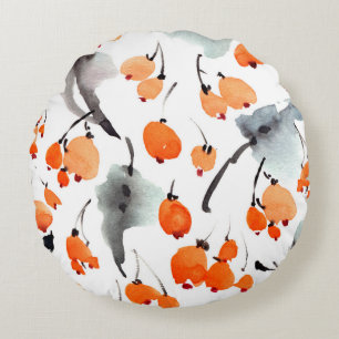 Watercolor berries and leaves illustration pattern round pillow