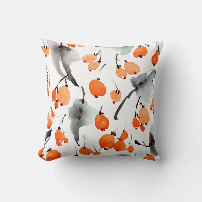 Watercolor berries and leaves illustration pattern throw pillow (Front)