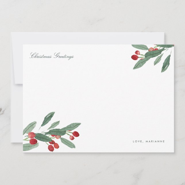 Watercolor Berries and Leaves Personalized Holiday Card (Front)