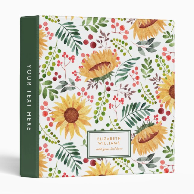 Watercolor Berries and Sunflowers Personalized  Binder (Front/Spine)