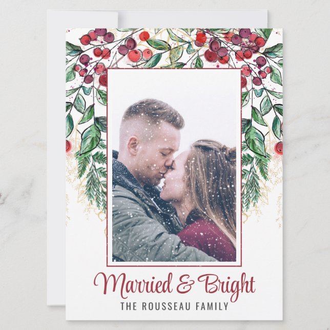 Watercolor Berries Evergreen Married and Bright  Holiday Card (Front)