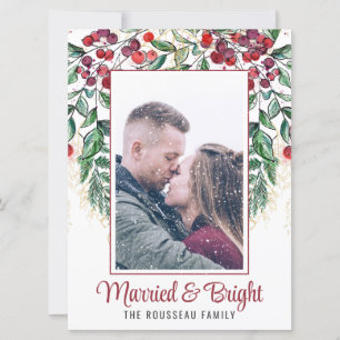 Watercolor Berries Evergreen Married and Bright  Holiday Card