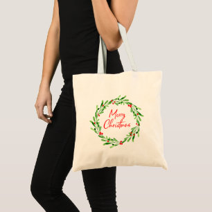 Watercolor Berries & Greenery Wreath Christmas Tote Bag
