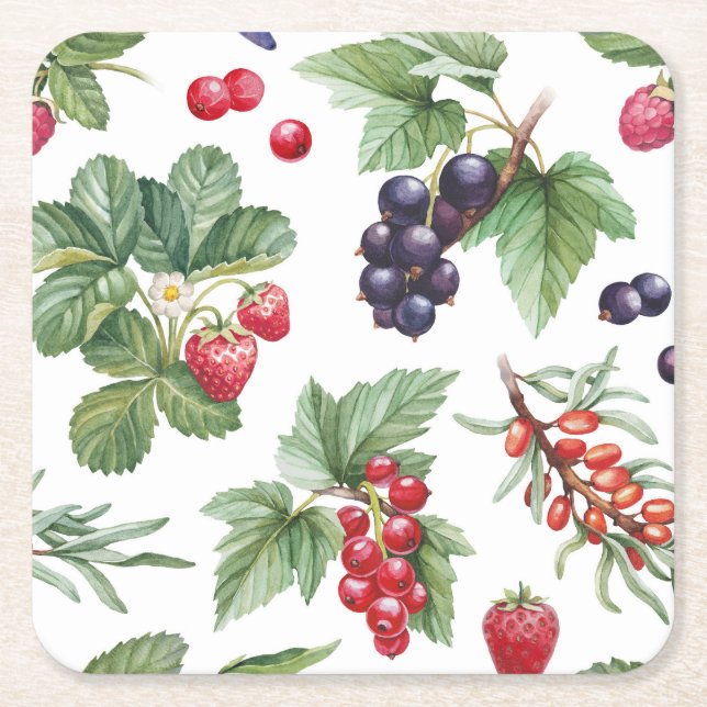 Watercolor Berries Illustration Seamless Pattern Square Paper Coaster (Front)