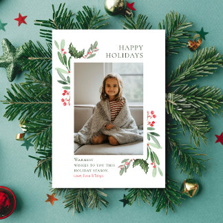 Watercolor Berries & Leaves Christmas Family Photo Holiday Card