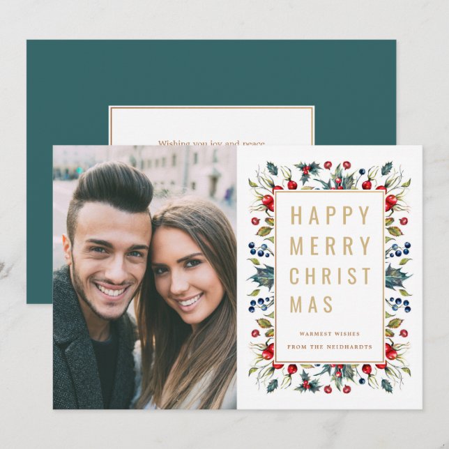 Watercolor Berries Modern Gold Christmas Photo Holiday Card (Front/Back)