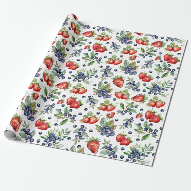 Watercolor Berries Strawberry Blueberry Wrapping Paper (Unrolled)